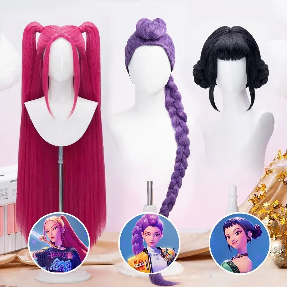 Rumi Paars Cosplay Pruik Voor Kinderen KPOP Demon Hunters Halloween Party Lange Vlecht Haar Anime Film Kostuum Accessoires