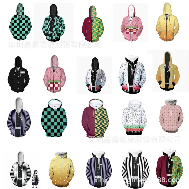 Demon Slayer Kimetsu no Yaiba Tanjirou Nezuko Zenitsu Tomioka Giyuu Cosplay Felpa con cappuccio Costume Anime Giacca Cappotto per la festa di Halloween