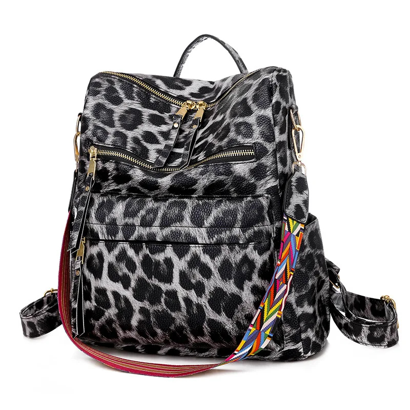 

2023 New Fashion Women Backpacks High Quality Leopard Leather Female Ladies Bag Korean Student Backpack Preppy Style Bag Luxury