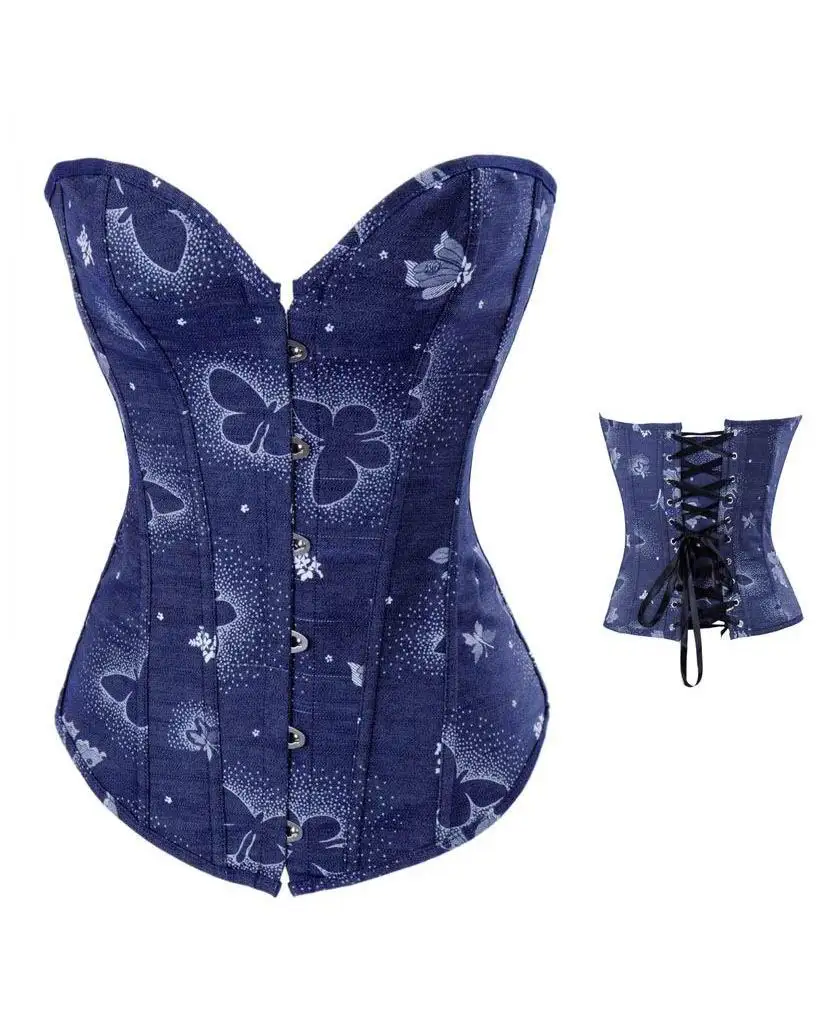 corset top for woman Blue Opaque Corset Butterfly Decoration With White Buttons With G-string overbust corset top