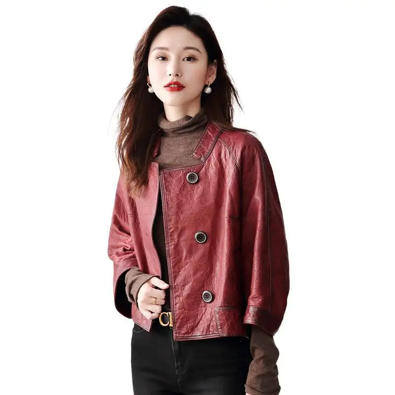 Genuine Leather Sheepskin Coat Women's Clothing Short Single Leather Cloak Large Loose Coats and Jackets for Women Vintage Tops