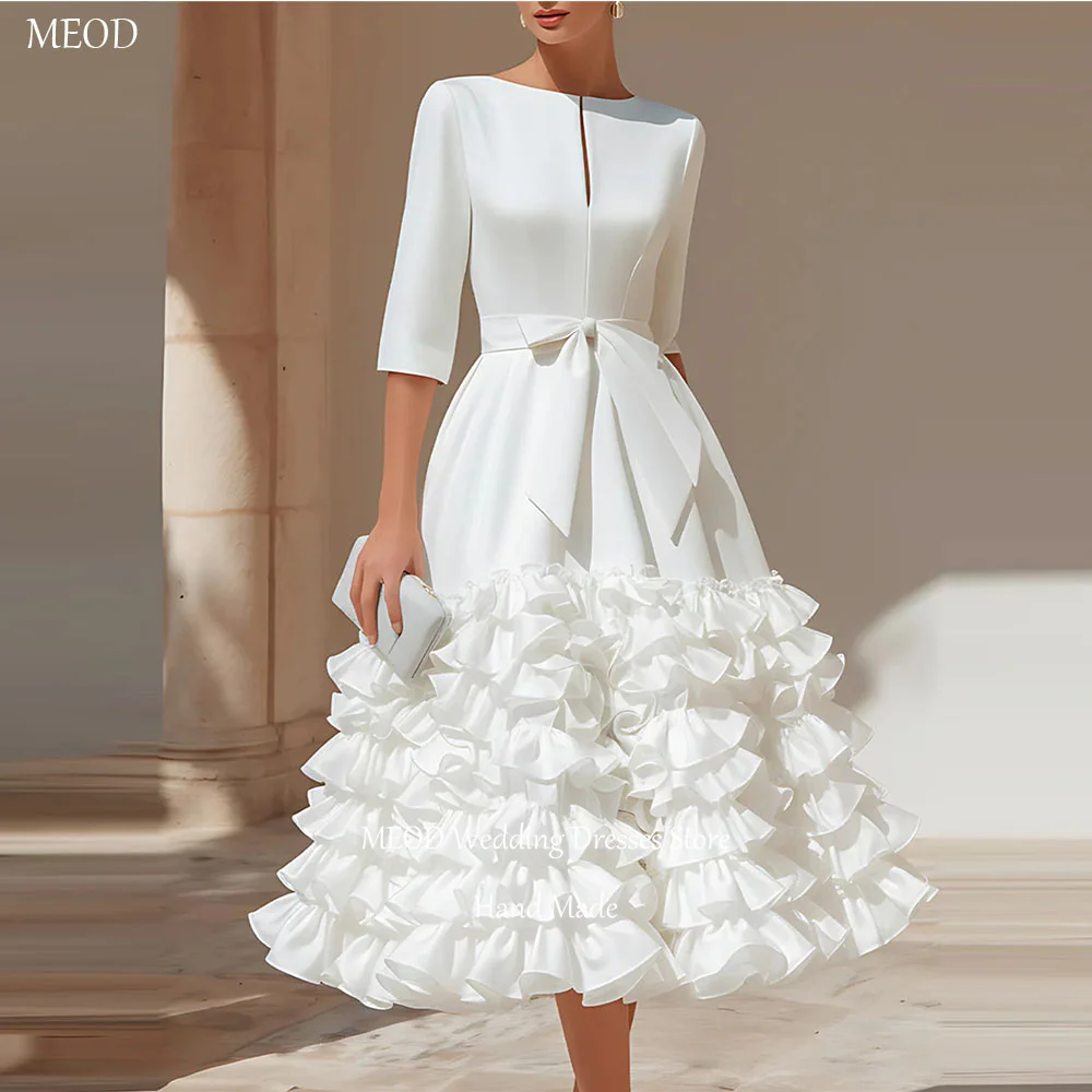 

MEOD Satin Wedding Dresses Bride O Neck A Line Bow Elegant Vestidos De Novia Tea Length Vintage Dresses For Women Customized