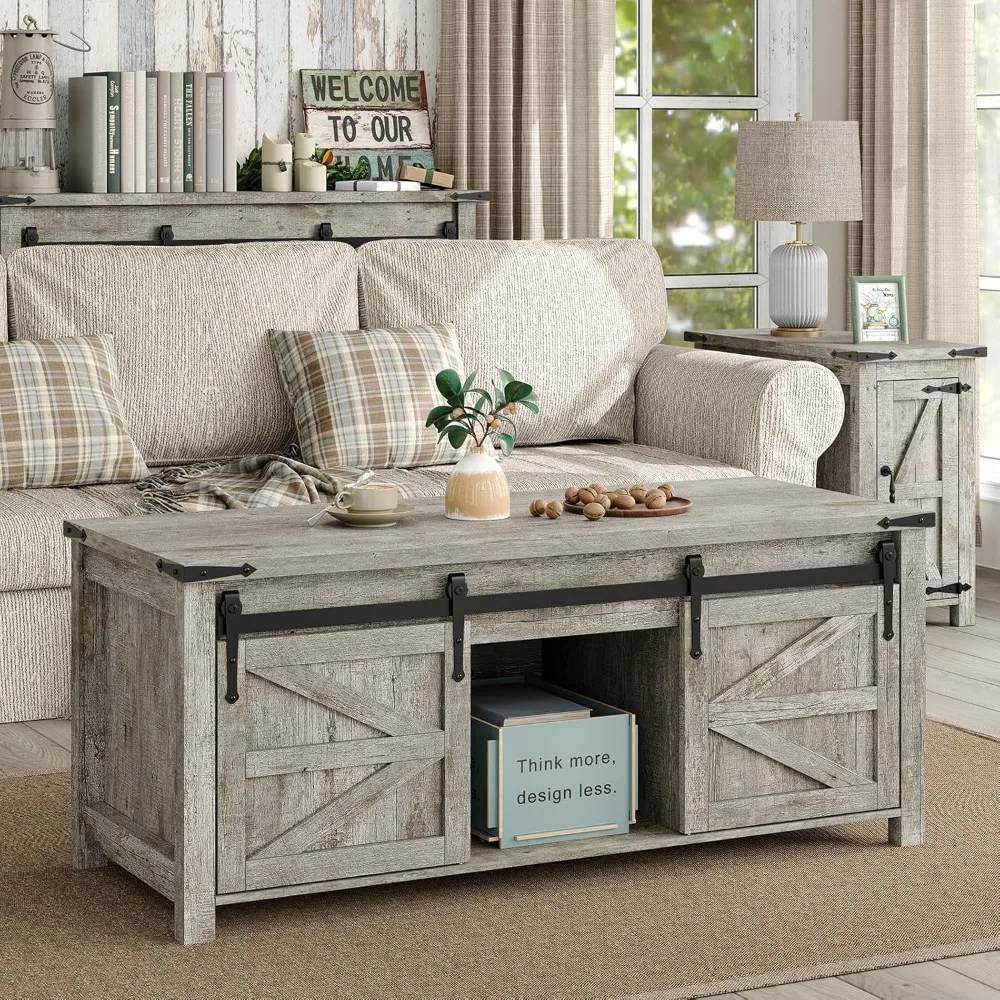 Mesa de centro elevatória, mesa de centro de fazenda de 47,3 '' com grande compartimento de armazenamento oculto e portas deslizantes de celeiro, madeira moderna rec