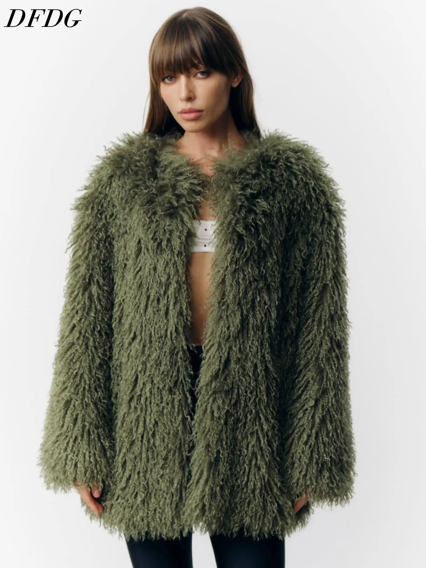 DFDG Women 2026 Shaggy Faux Fur Long Coat Open Front Fluffy Curly Plush Overcoat Winter Fashion Outerwear For Cold Weather Fur