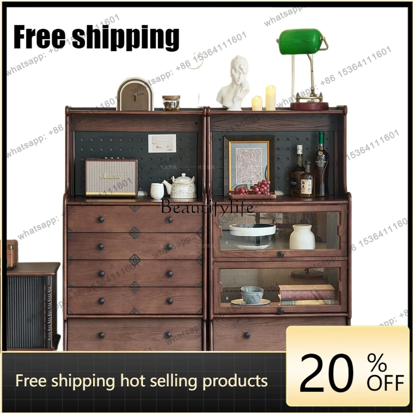 XX French Retro Ash Wood Dining Side Cabinet Medieval Solid Wood Storage Storage Cabinet