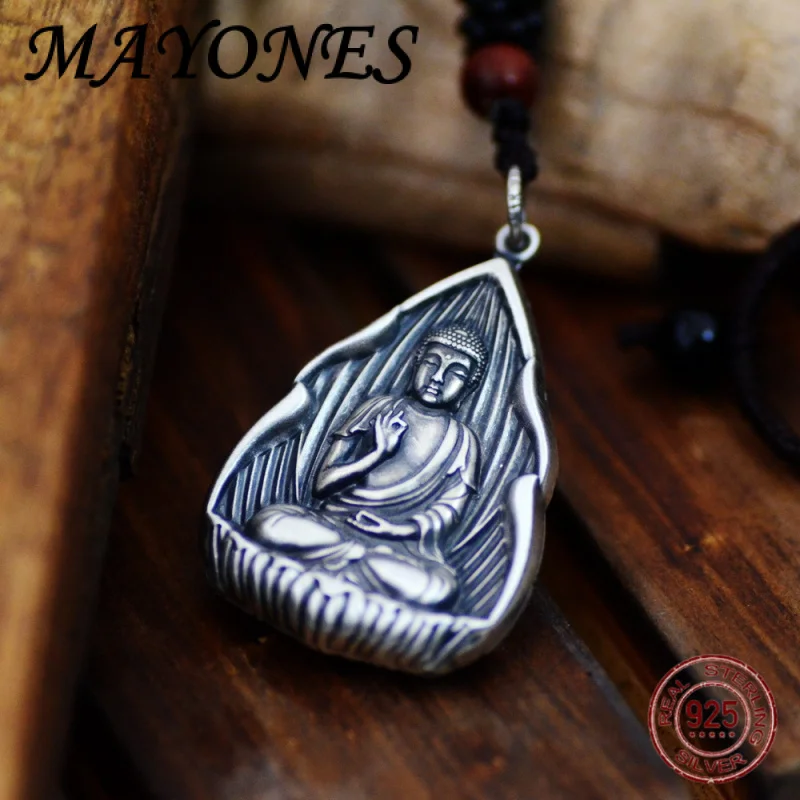 

new 990 Silver Amitabha Buddha Pendant, Women's Retro Six Character Mantra Necklace Pendant, Talisman