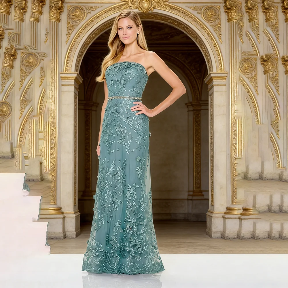 

Exquisite Tulle A-line Floor Length Mother of The Bride Dresses Women's Strapless Sleeveless Mother Gowns Appliques Customized