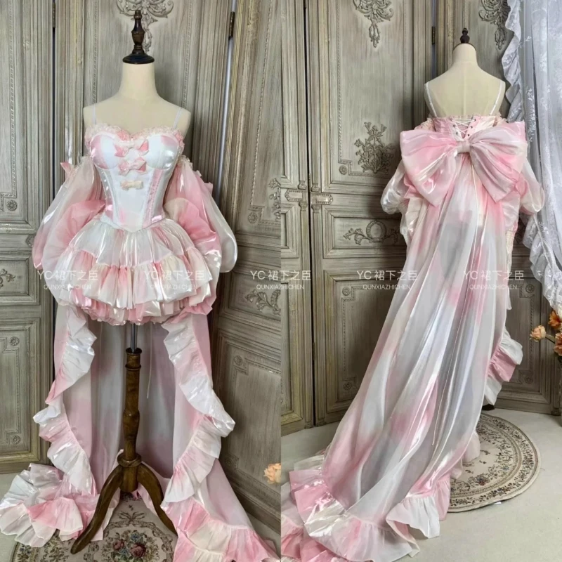 

Pink Lolita Strapless Dress Set Women's Slim-Fit with Long Trailing Bow Elegant Suspender Dress Princess Party Evening Dresses