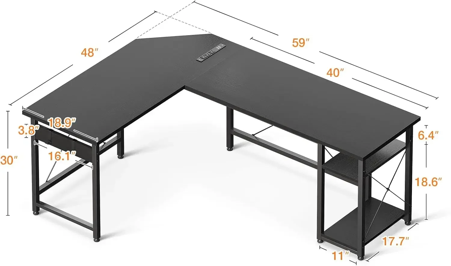 L Shaped Computer Desk com Power Outlet, Workstation Canto, 59 em