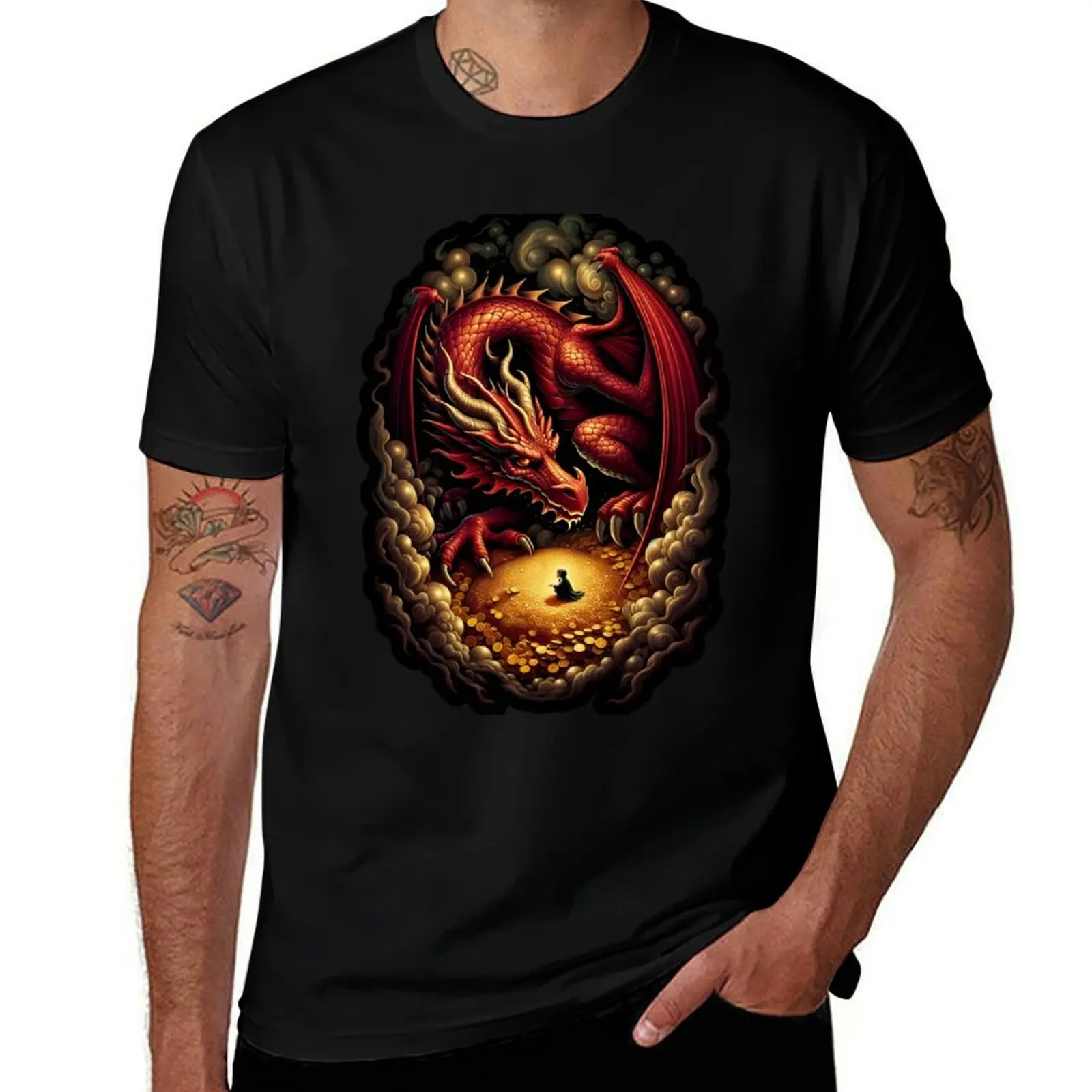 

Red Dragon and the Curious Adventurer - Fantasy T-Shirt funny t shirts man cotton t shirt man T-shirt