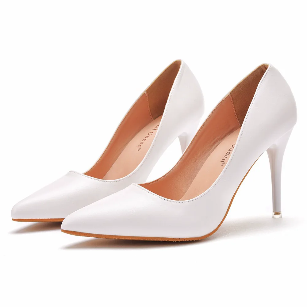 

Thin high heels spring and summer new pointed toe shallow white PU commuter shoes banquet dress large-size women's shoes