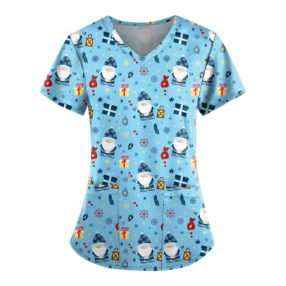 Christmas Medical Clothes Cartoon Pattern Print Health Care Nurse Tops Micro Stretch Short Sleeve T-Shirt Nurse Uniform Woman