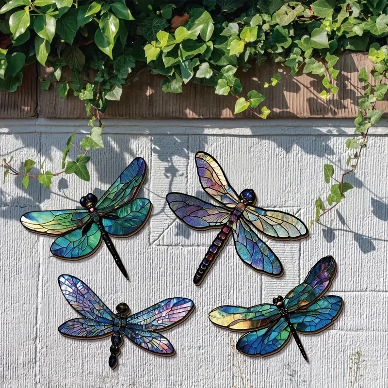 4-piece Set of Decorative Wooden Dragonfly Wall Art, Suitable for Outdoor Garden Fences, Living Rooms, Bedroom Decoration