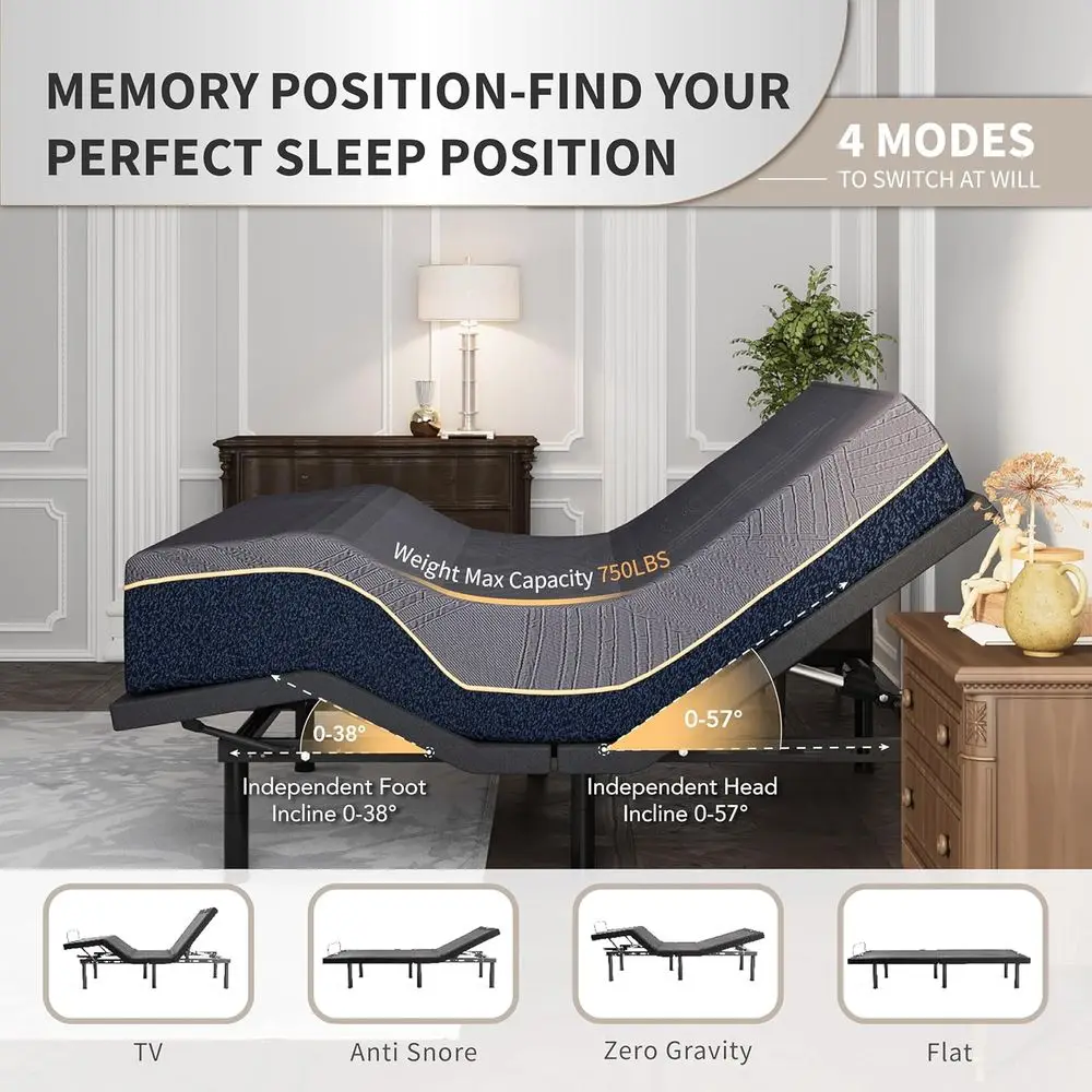 إطار سرير Twin XL قابل للتعديل مع جهاز تحكم عن بعد لاسلكي، إمالة الرأس/القدم، سعة 750 رطل، محرك هادئ، سهل التجميع، يتميز مضاد للشخير