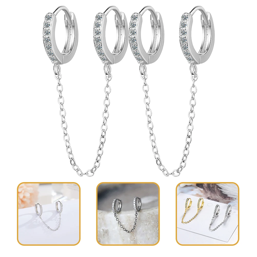 

Silver Hoops Earrings Copper Inlaid with Zircon Women's Chain Drop for Cartilage Jewelry Cute Girls Tassel Miss