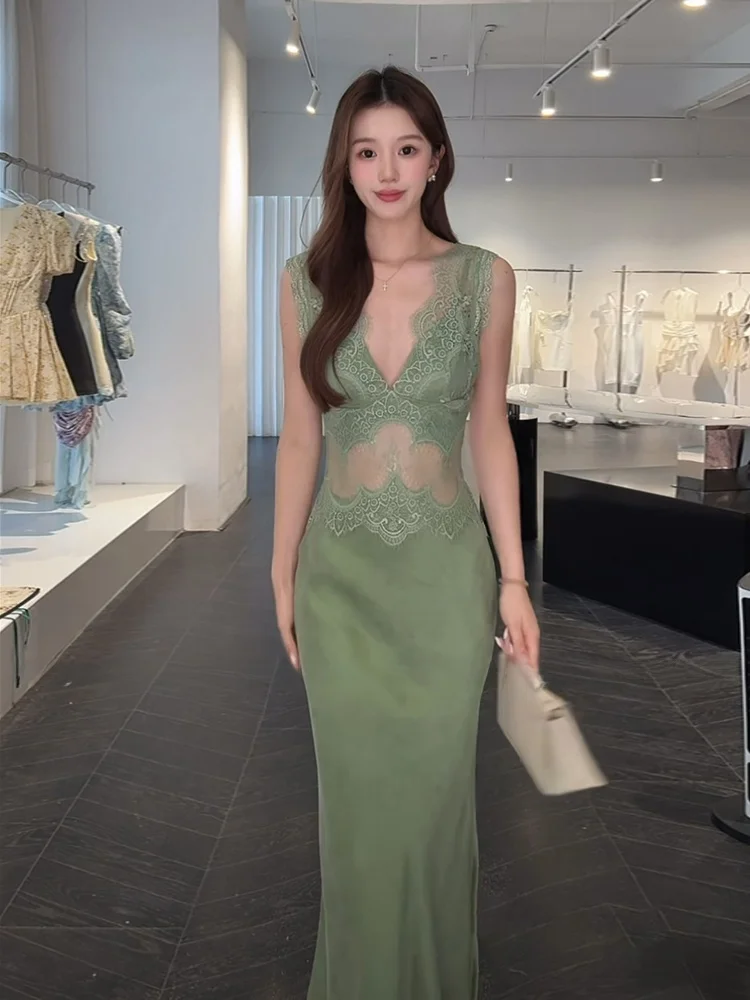 

Sexy Lace Splice Slim Fit Fish Tail Dress V Neck Summer Long Dress for plus Size Women Uomol STAZF7 Pure Desire Casual Wear