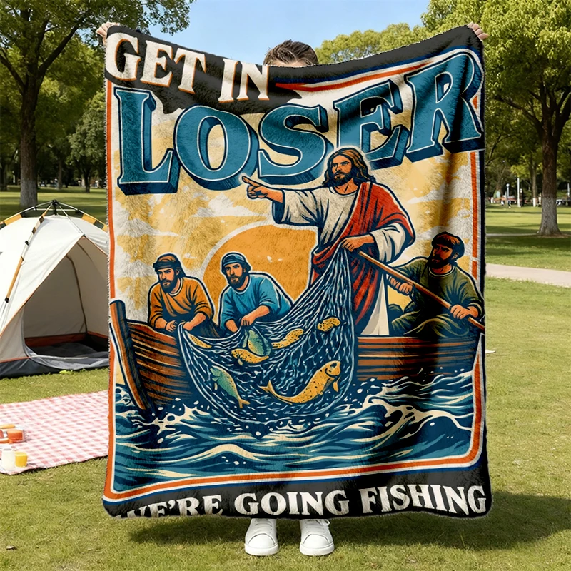 Funny Christian Flannel Blanket, Retro Jesus Fishing Flannel Throw, Get In Loser We're Going Fishing Cozy Blanket