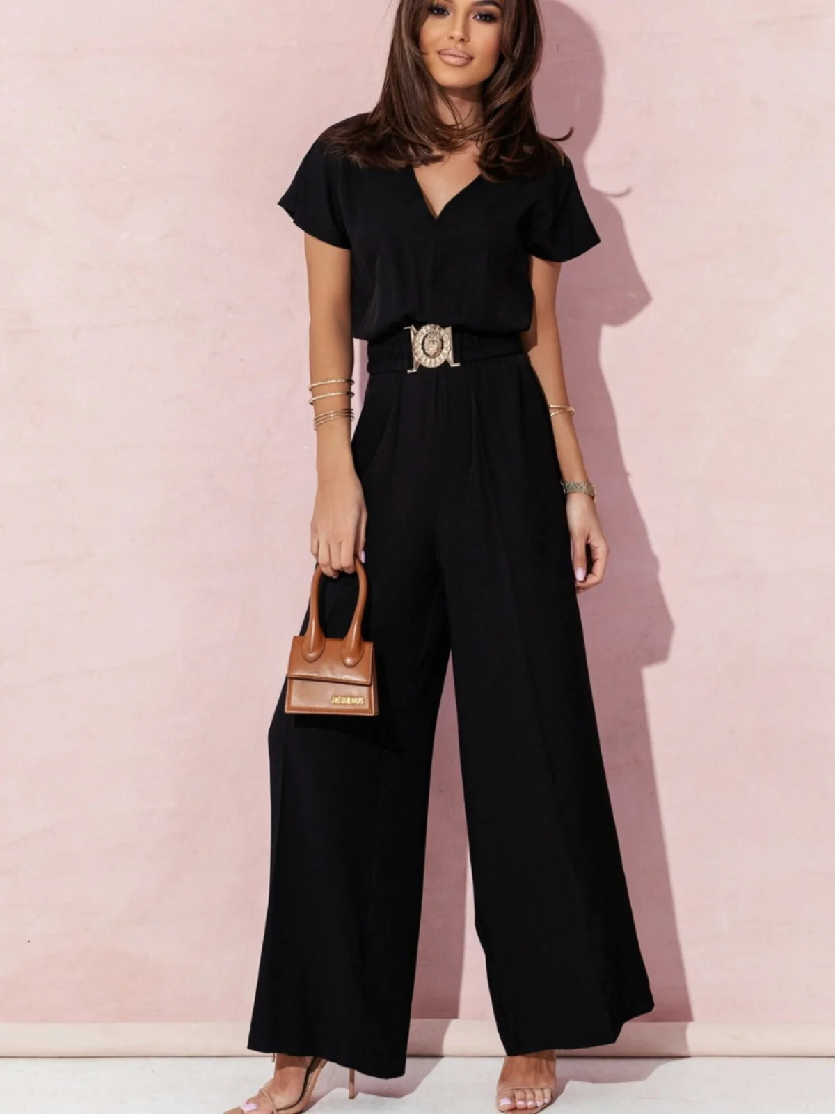Spring Summer New V-neck Fashionable Pure Color Simple Loose Wide Leg Short Sleeve One-piece Long Pants Jumpsuit Street Style...