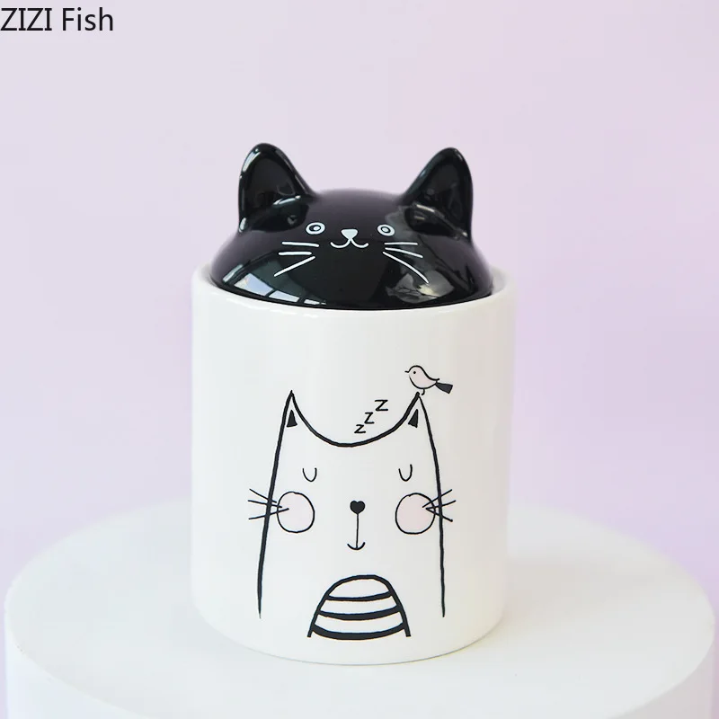 Cute Black Cat Decorative Jar and Lids Dressing Table Ring Necklace Jewelry Box Cosmetic Jar Ceramic Candy Pots Aroma Can