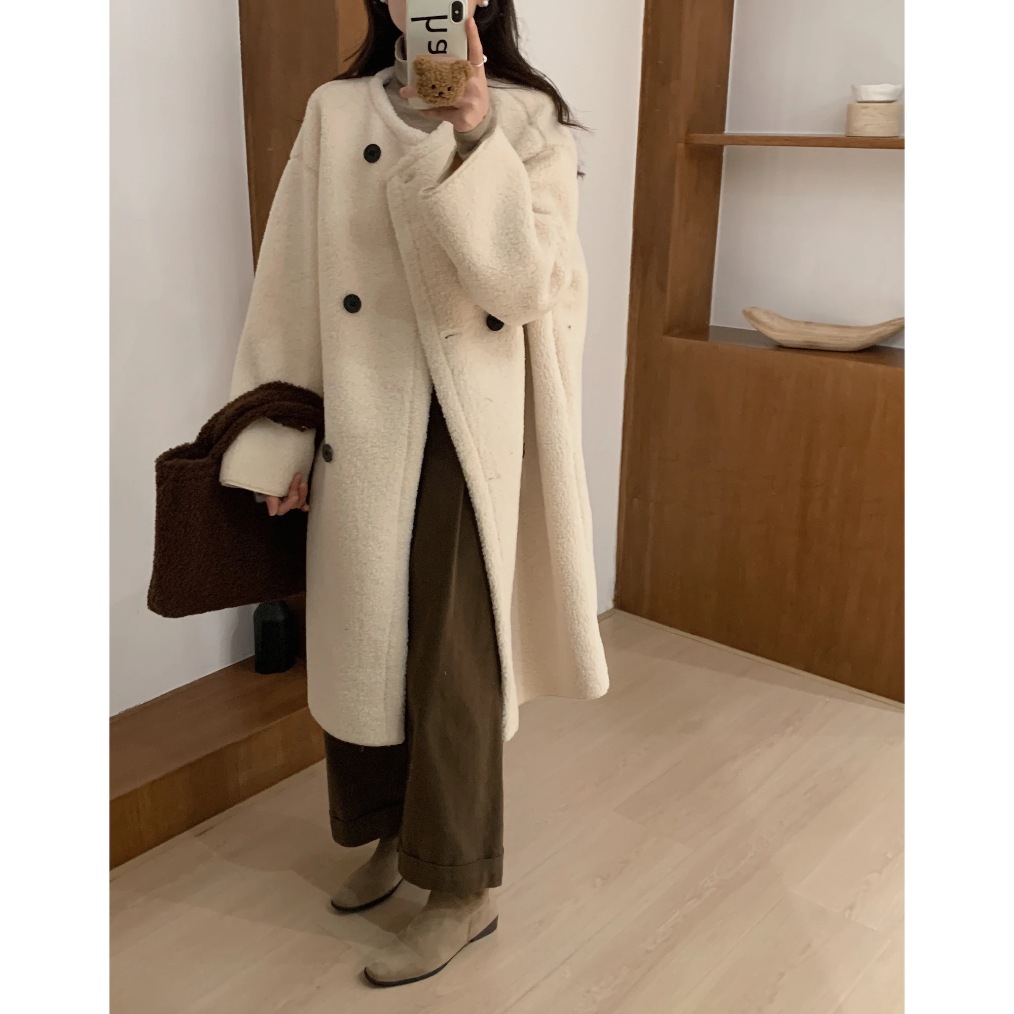 معطف نسائي طويل من الفرو للخريف والشتاء أنيق فضفاض بزر مزدوج ملابس خارجية كورية ملابس خارجية دافئة للمدرسة والشارع Sle #1