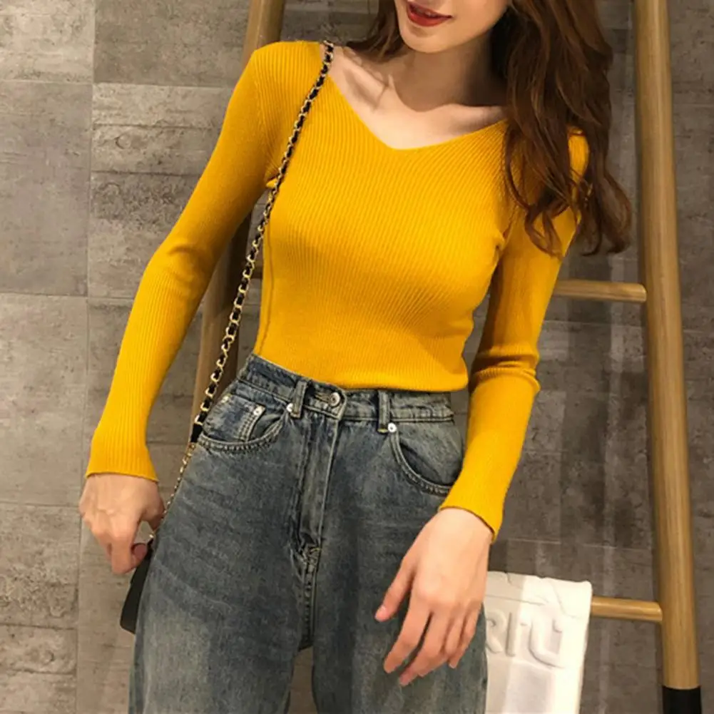 

Pullover Sweater Elegant V-neck Long Sleeve Sweater for Women Slim Fit Pullover Knitwear with Ribbed Bottom Solid Color Elastic