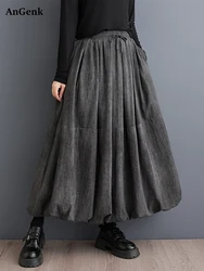 2026 Spring Autumn New Vintage High Waist Pleated Skirt Women Plus Size Fashion Drawstring Loose Casual Midi Skirts Clothing