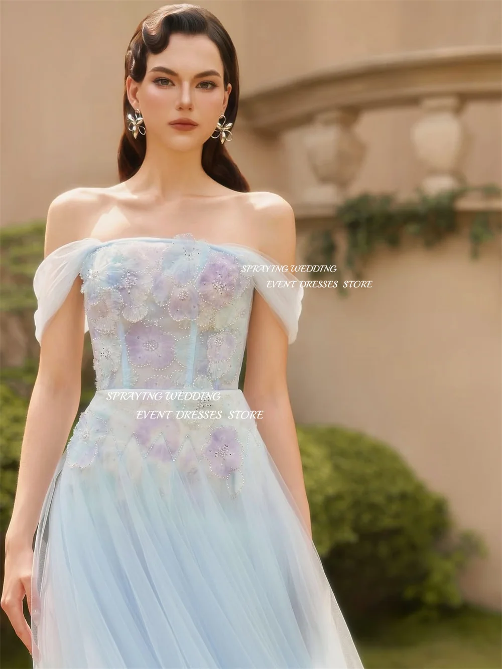 SPRAYING luxe Tulle dentelle robe de soirée bleu bretelles robe de soirée formelle une ligne cheville longueur dubaï arabe robe de bal personnalisé