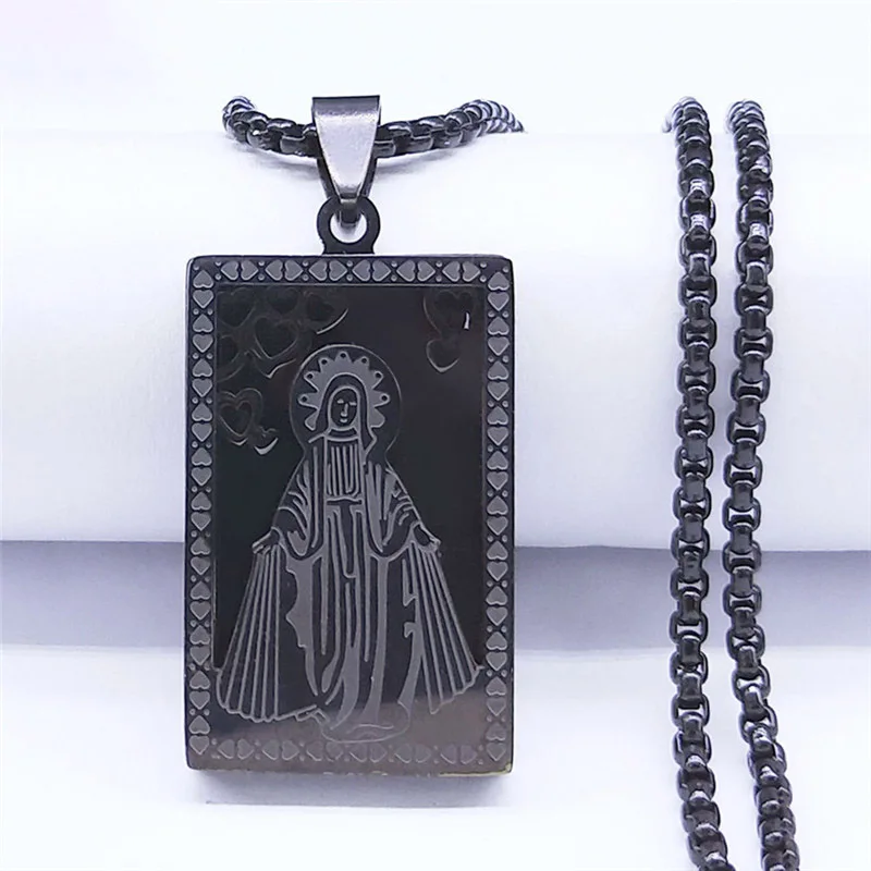 Hip Hop Blessed Virgin Mary Medal Stainless Steel Necklace Black Christian Prayer Male Chain Punk Jewelry pendentifs N7403S06