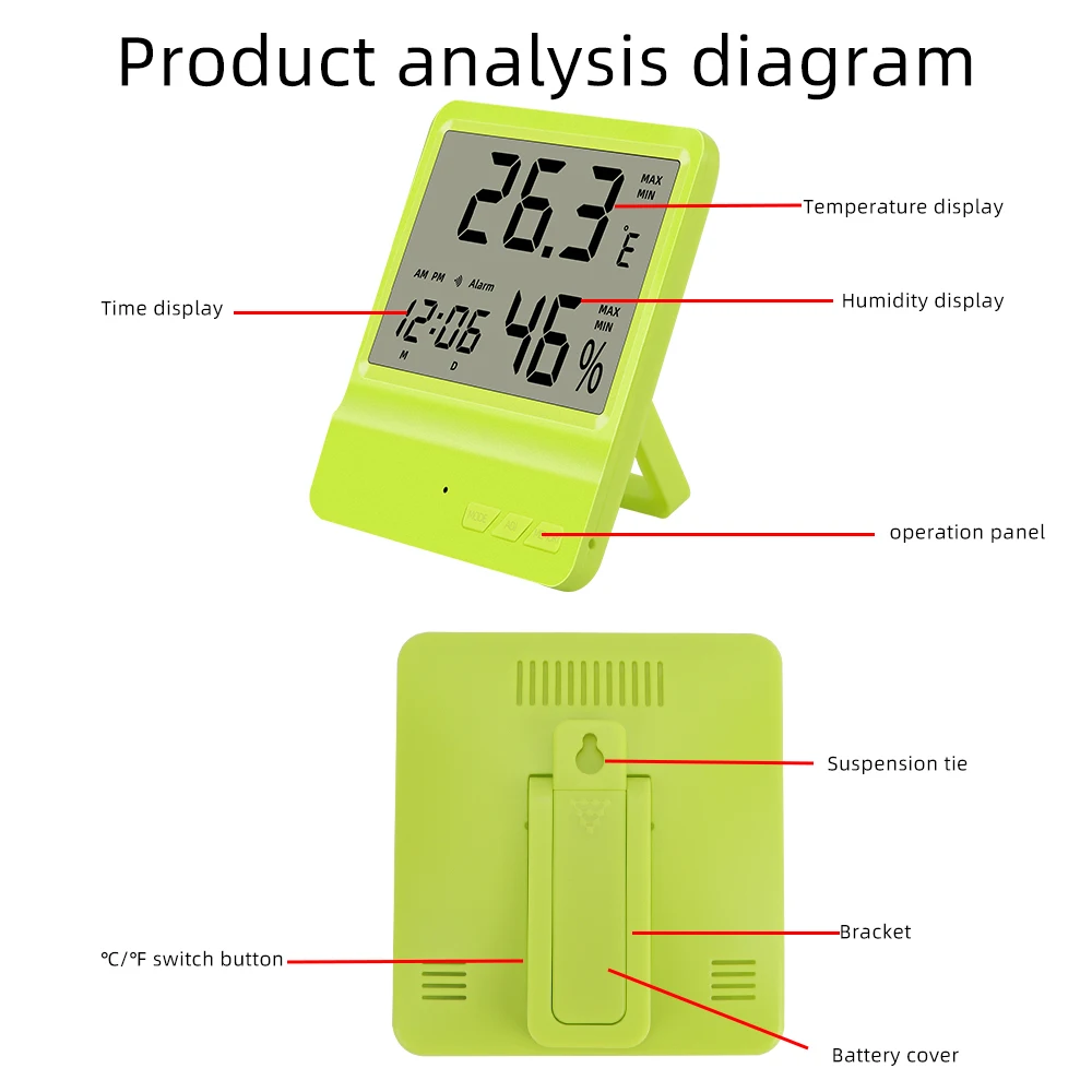 Tampilan LCD Jam Suhu Kelembaban Meter Multi-fungsi Rumah Tangga Dalam Ruangan Berdiri dan Wal Menggantung Termometer Higrometer