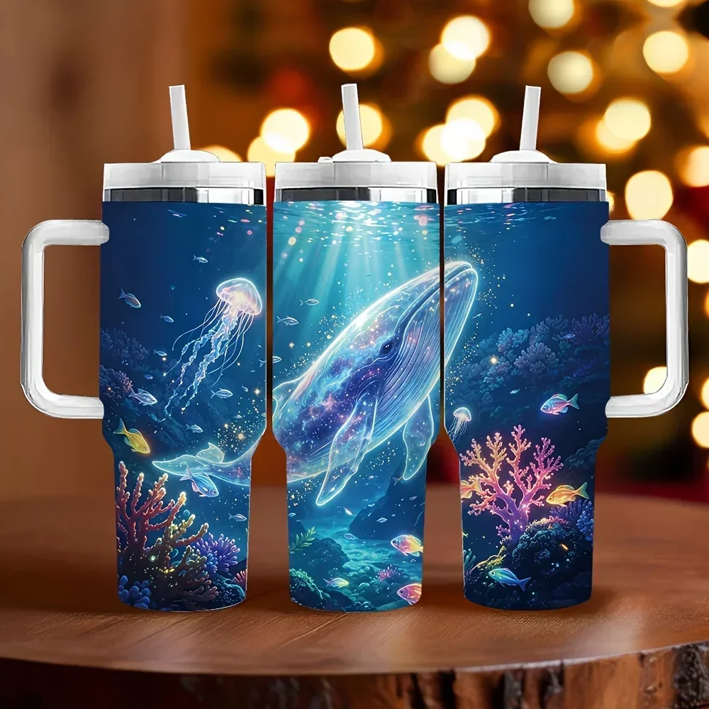 40Oz Insulated Tumbler with Handle, Undersea Whale Coral Fish Print, Long-Lasting Heat Preservation, Perfect Holiday Birthday Gift for All People, Suitable for Daily Use, Travel, And for all Kinds of Outdoor Activities