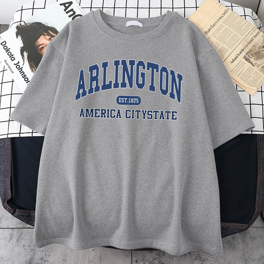 Arlington Est.1875 America City State Cotton Tee Shirt Essential Individual Tee Top Vintage Loose Tshirts Harajuku Man Tshirt