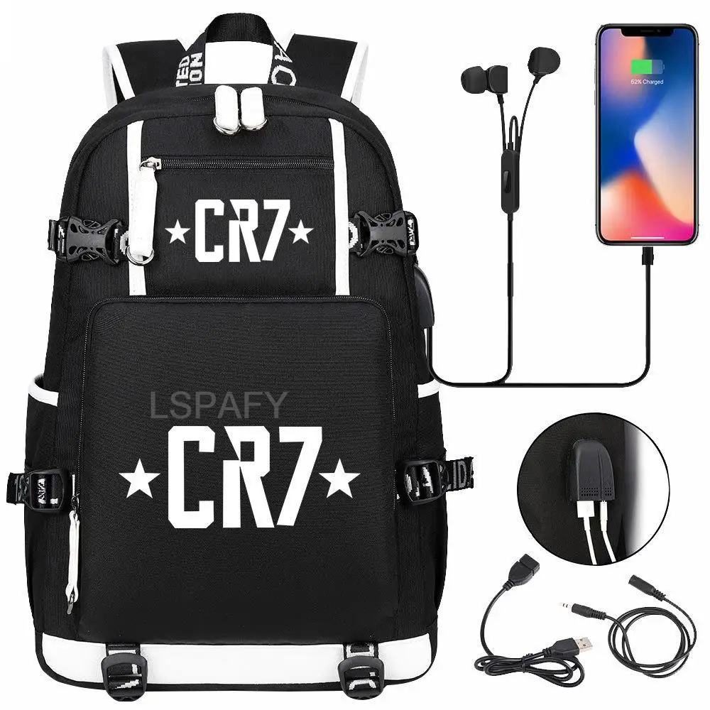 Mochila De Fรบtbol Superstar CR7 con carga USB, morral escolar Ronaldo, bolsas de viaje para ordenador portรกtil, adolescentes y estudiantes, 18