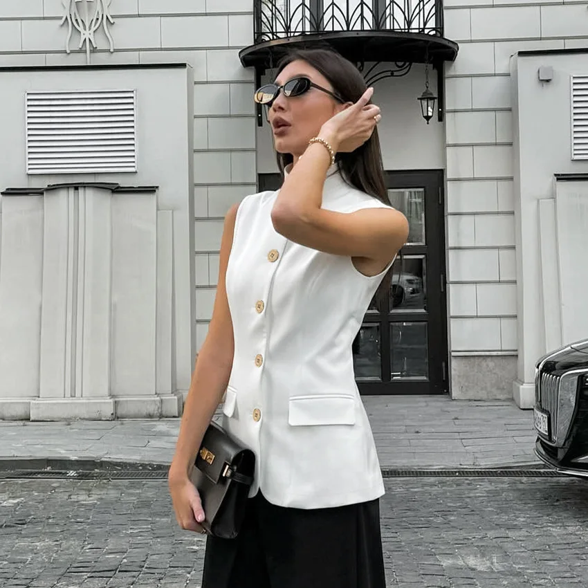 2025, veelzijdige mode-temperament mouwloze vesttop voor lente en zomer, wit casual overhemd met kleine opstaande kraag en woon-werkverkeer