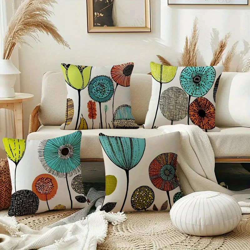 2D Flat Mid Century Modern Floral Throw Pillow Covers Decorative Boho Botanical Cushion Cases for Home Bedroom No Pillow Core