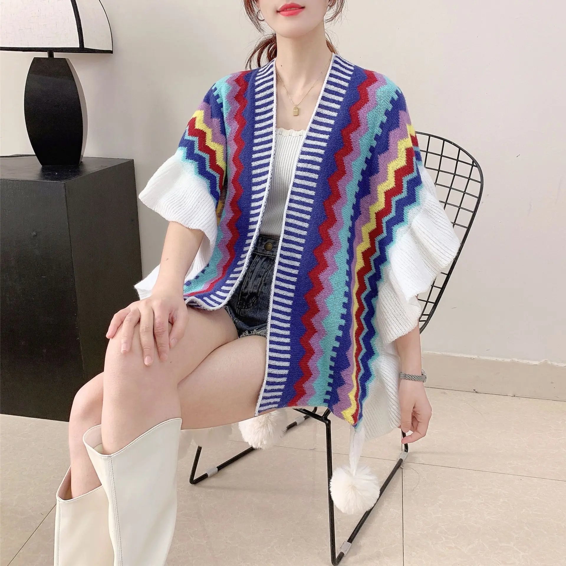 

Capes Cloaks Poncho Type With Split and Sweet Shawl Women Wear Ruffles Spring and Autumn 2023 New Lady Knitted Cape Cardigan