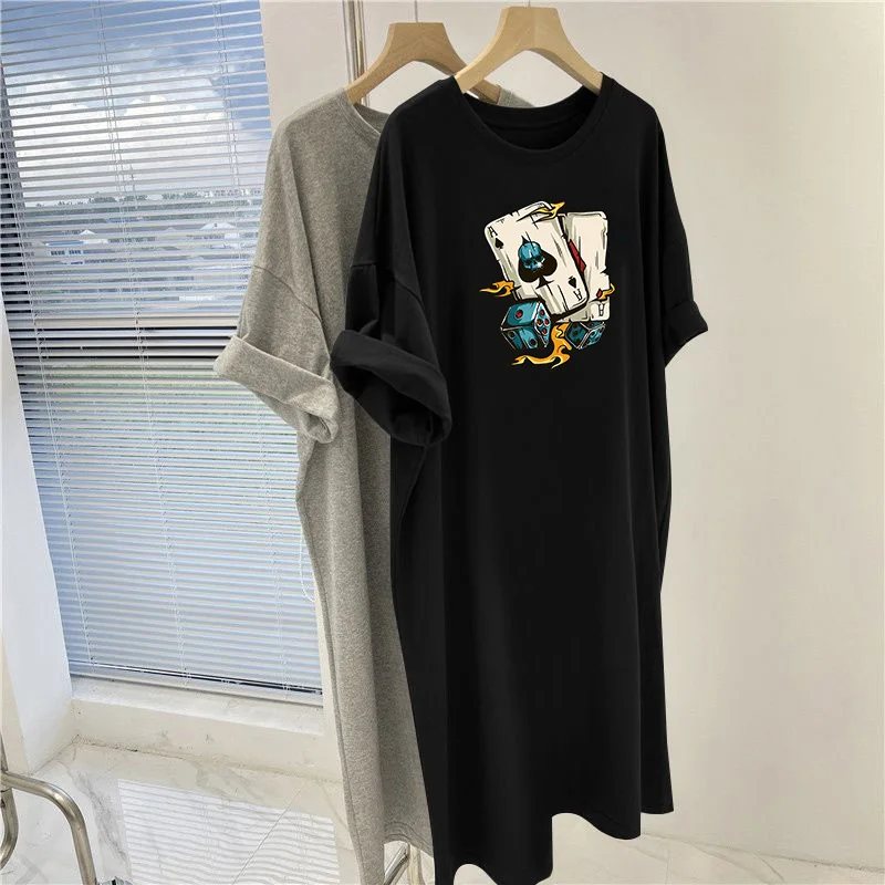 Women Clothing Loose Casual Overknee Tunic, Summer Cartoon Printed Short Sleeve Basic Dresses, Vintage O-neck Pullovers Dress