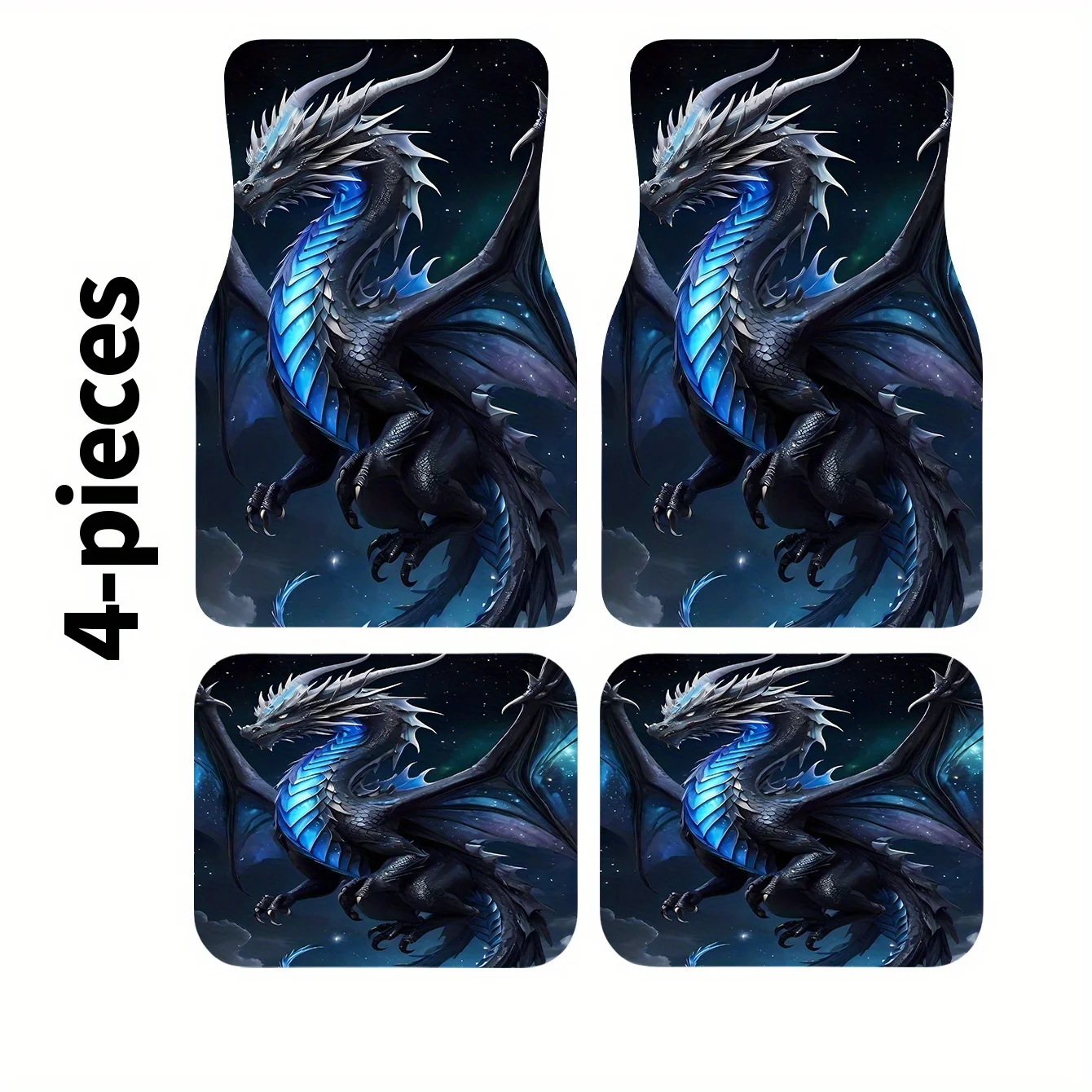 

4 шт. автомобильные коврики с синим и черным принтом дракона — стильные, легко устанавливаемые и чистящиеся, идеальный подарок на все сезоны, прочный полиэстер