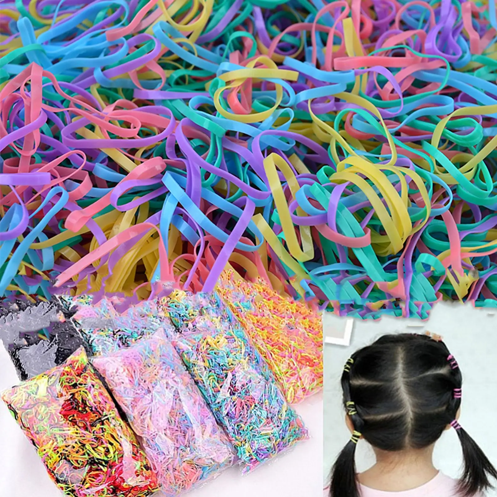 1000Pcs（50g）Colorful Small Disposable Hair Bands Scrunchie Girls Elastic Rubber Band Ponytail Holder Accessories Ties