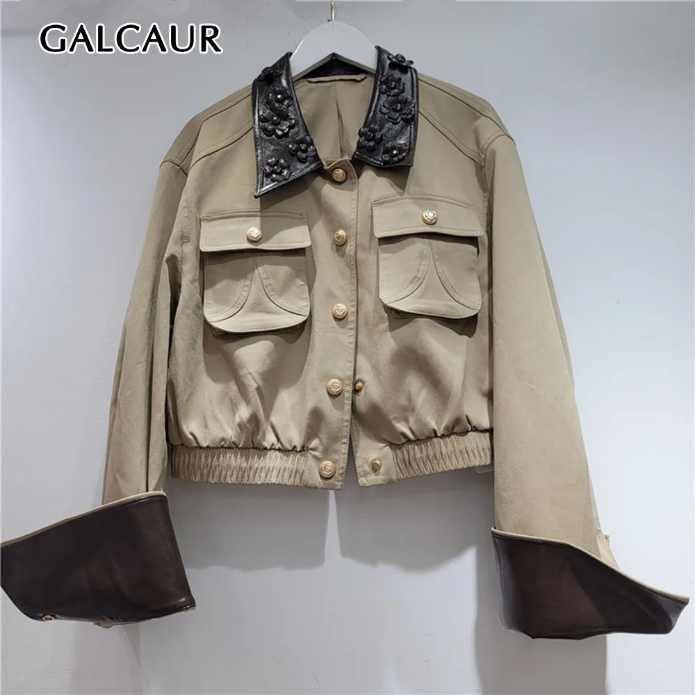 GALCAUR Applique Spliced Button Loose Jacket for Women Lapel Collar Long Sleeve Patchwork Pocket Casual Jackets Female Fashion