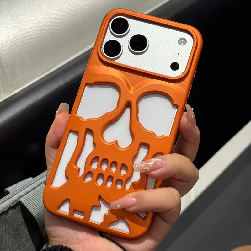 

Ins Fashion Hollow Out Skeleton Skull Matte Orange Phone Case For iPhone 17 Pro Max Plating Orange Protective Back Cover