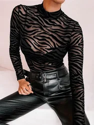 Black Mesh Transparent Sexy Bodysuit Long Sleeve Slim Skinny Stripe Mock Neck Casual Rompers Women Lady Party Club Body