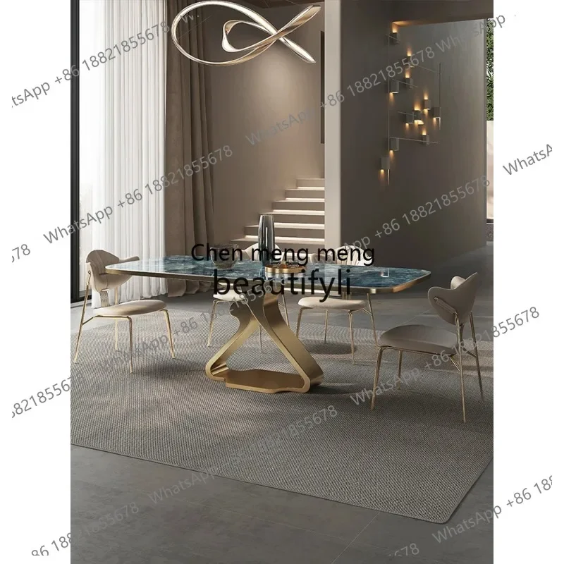 D5556 Modern simple villa dining table combination marble pattern household high-end luxury stone rock slab dining table