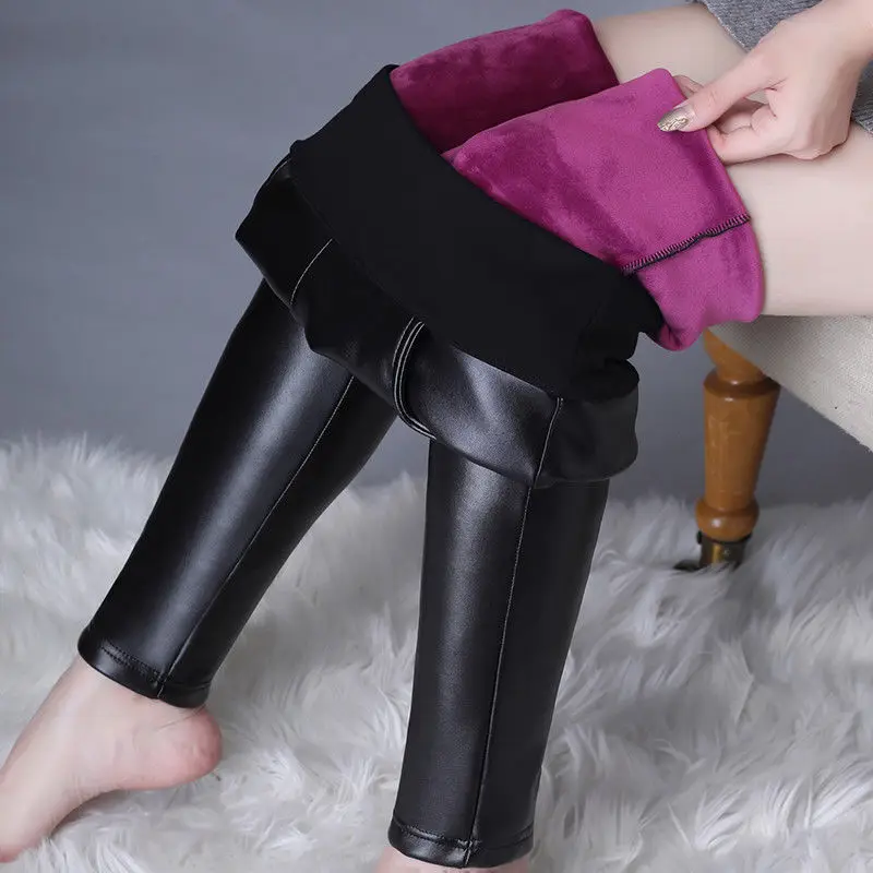 2025 High Waist and Thin Stepping on Feet in Autumn and Winter Pu Leather Pants, Warm, Velvet and Thickened Outer Leggings,