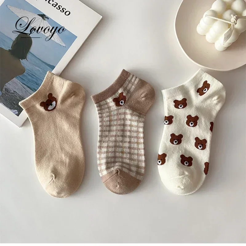 Cute Bear Socks Coffee Color Low-top Boat Socks  Women's Socks Shallow Mouth Tide Cotton Spring and Summer Thin Section