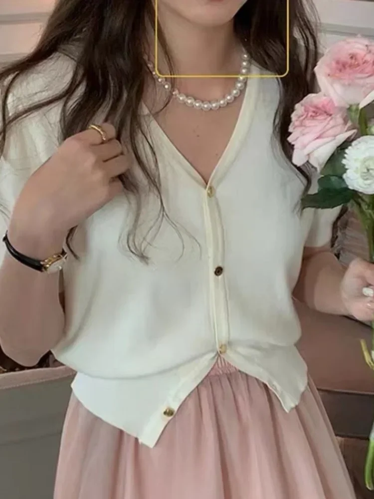 Ropa Mujer-Pull Vintage à Col en V pour Femme, Cardigan Court Chic, Manches Bouffantes, Tunique Sucirculation, Y-Coréen, Doux, 2025