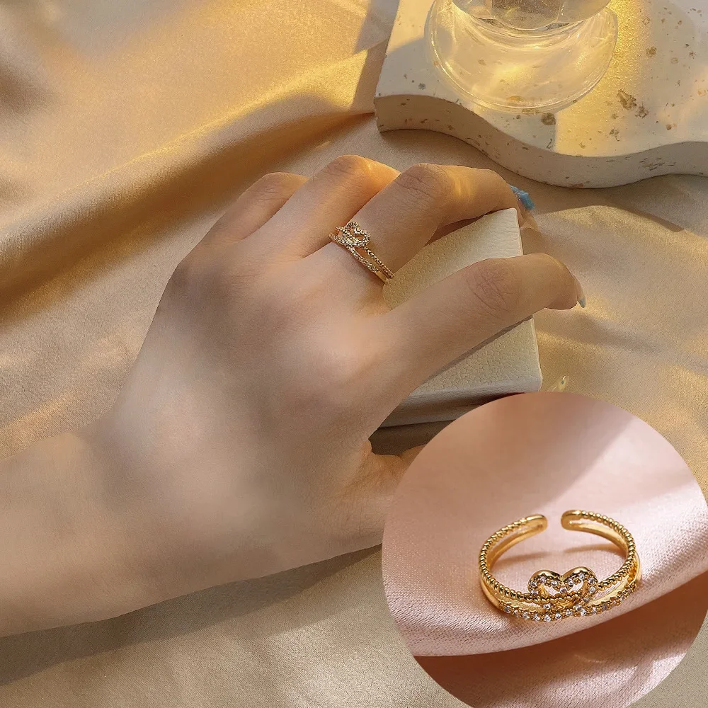 Luxury Gold Color Pearl Heart Shiny Zircon Rings For Woman Open Joint Ring Fashion Elegant Jewelry Party Gifts Custom Jewelry