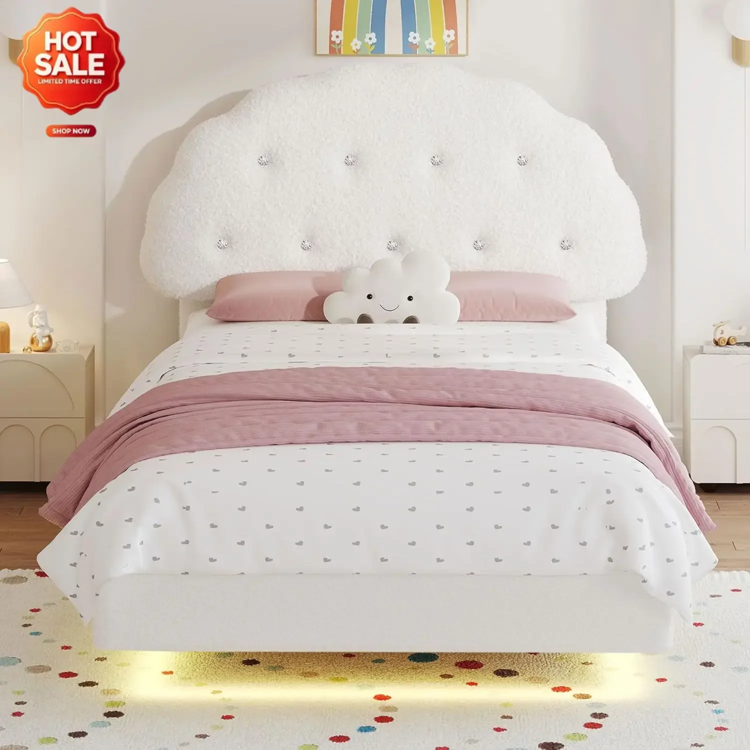 Cookie Twin Upholstered Bed Frame with LED Lights, Floating Bed Frames with Adjustable Headboard and Raised Footboard for Prince