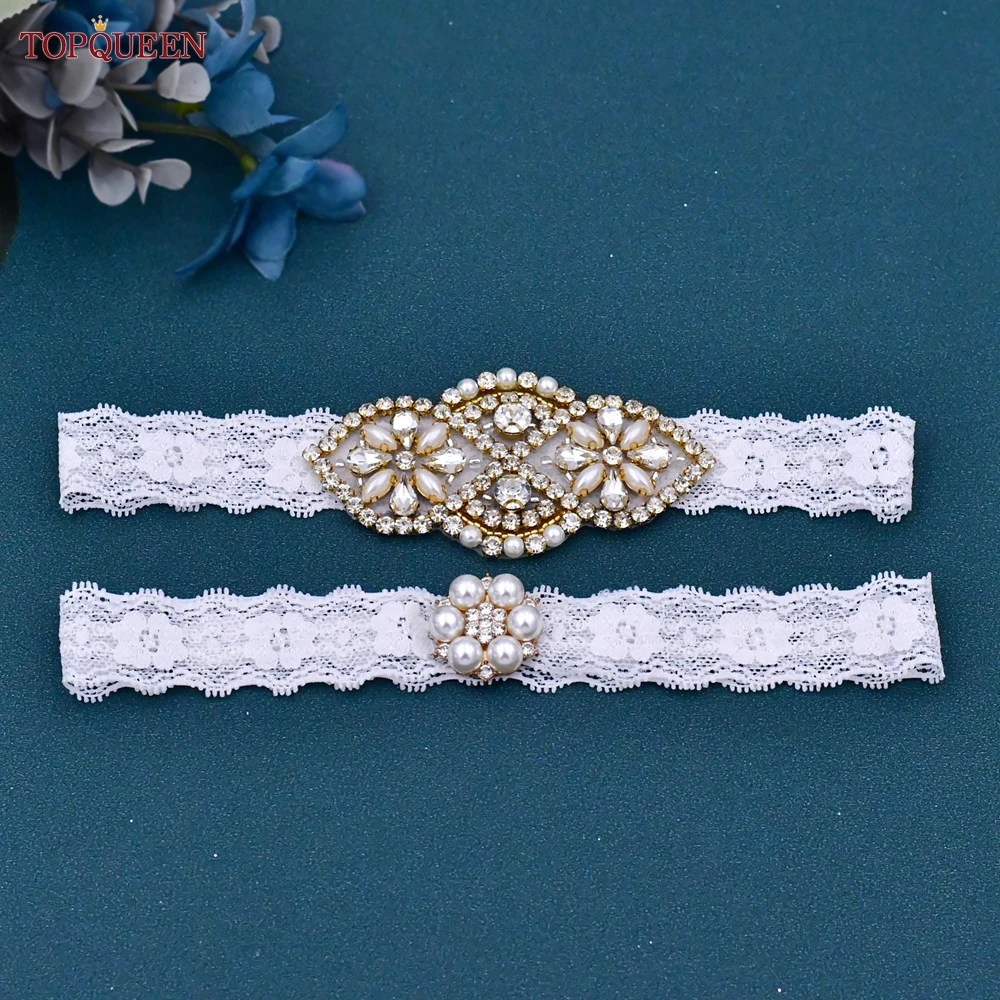 TOPQUEEN THS01-G Wedding Garter Trắng Ren Đàn Hồi Vành Đai Trang Trí Vàng Sparkly Sexy Nữ Phụ Nữ Cô Dâu Vòng Chân Thạch