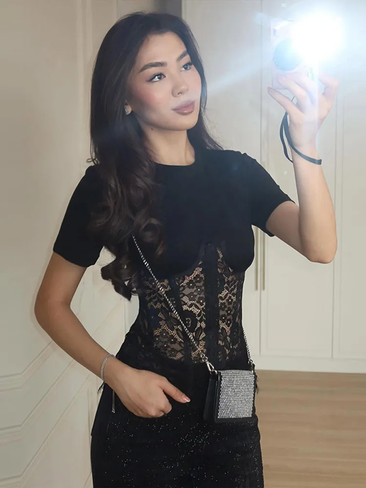 Sexy Women's Lace Black Tops Bandage Fishbone See Through O-neck Short Sleeve Women T-Shirts 2026 Spring Summer Lady Party Wear