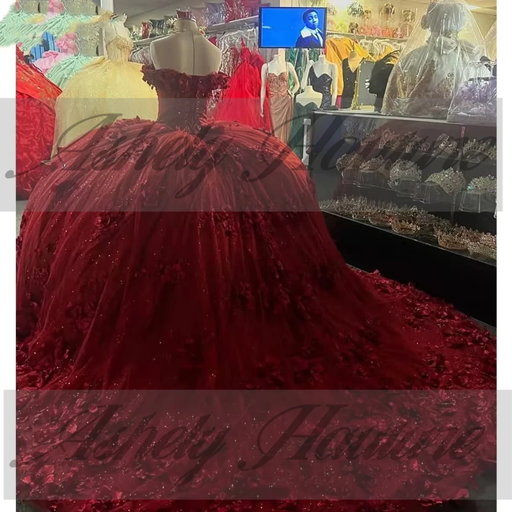 Robes de Quinceanera bordeaux mexicaines personnalisées, épaules dénudées, Corset Floral 3D, robe de bal pour femmes, robe de bal, 15 16 filles